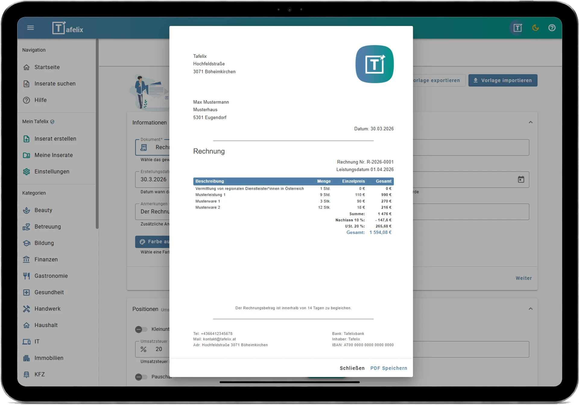Screen Rechnung erstellen